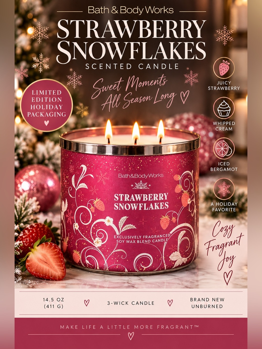 Bath & Body Works Strawberry Snowflakes 3 Wick Candle Limited Edition 2025